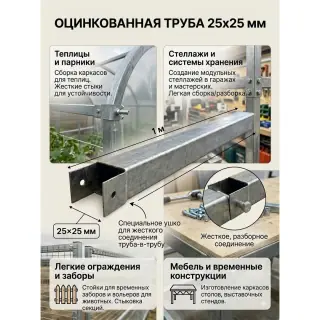 Труба профильная оцинкованная 25х25х0,8 Длина: 1025мм. с вырубкой с 1й стороны
